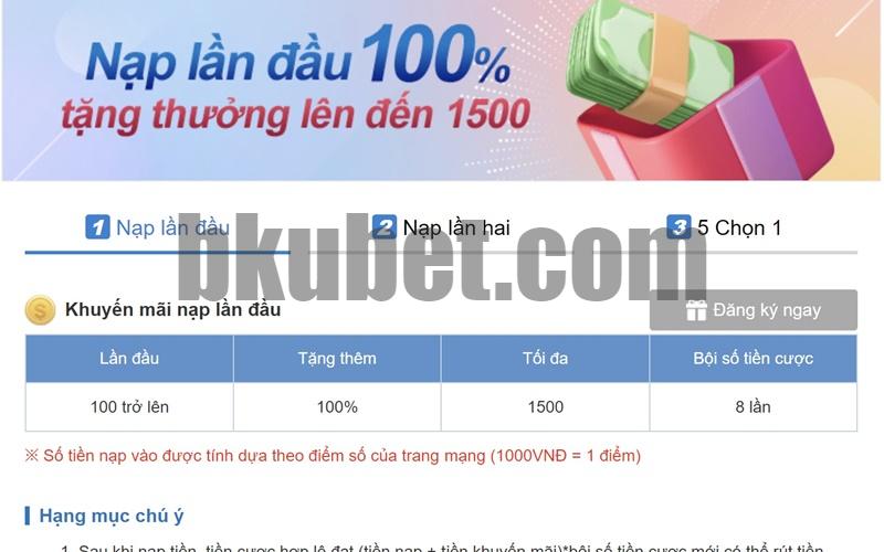 Nạp tiền lần đầu nhà cái KUBET tặng thưởng 100% tiền đã nạp